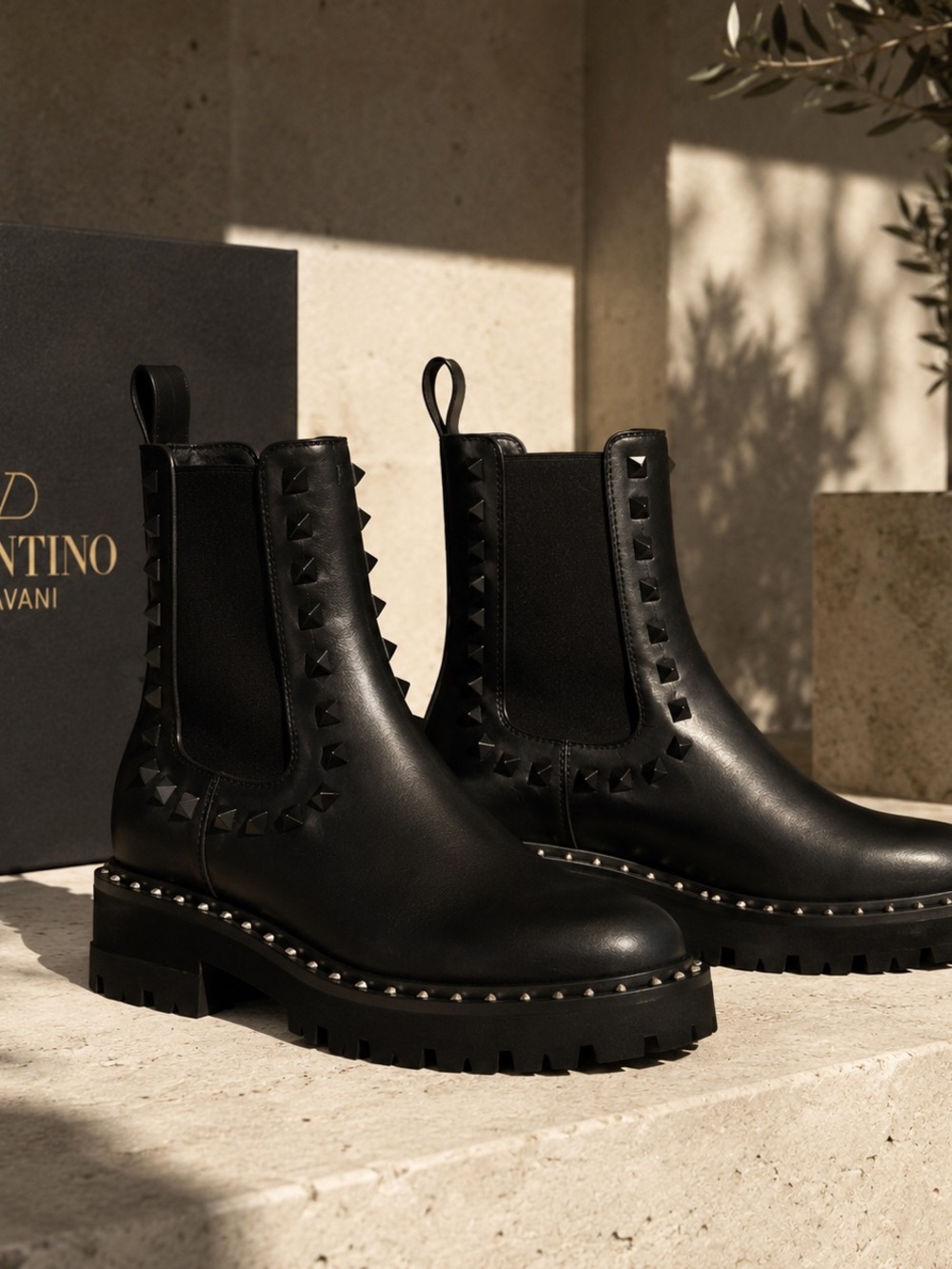 Valentino Black Leather Studded Chelsea Ankle Boots